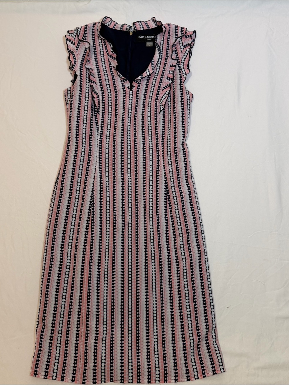 Karl Lagerfeld Pink & Black Vertical Stripe Midi Dress with Ruffle Trim